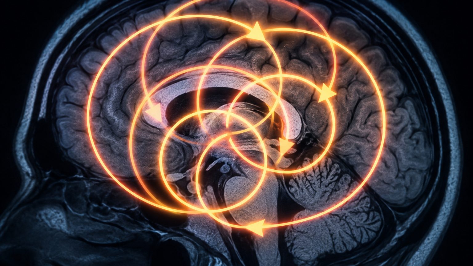 A close-up of a human brain illustration or MRI scan overlaid with glowing, looping circular arrows to represent cognitive loops that never resolve