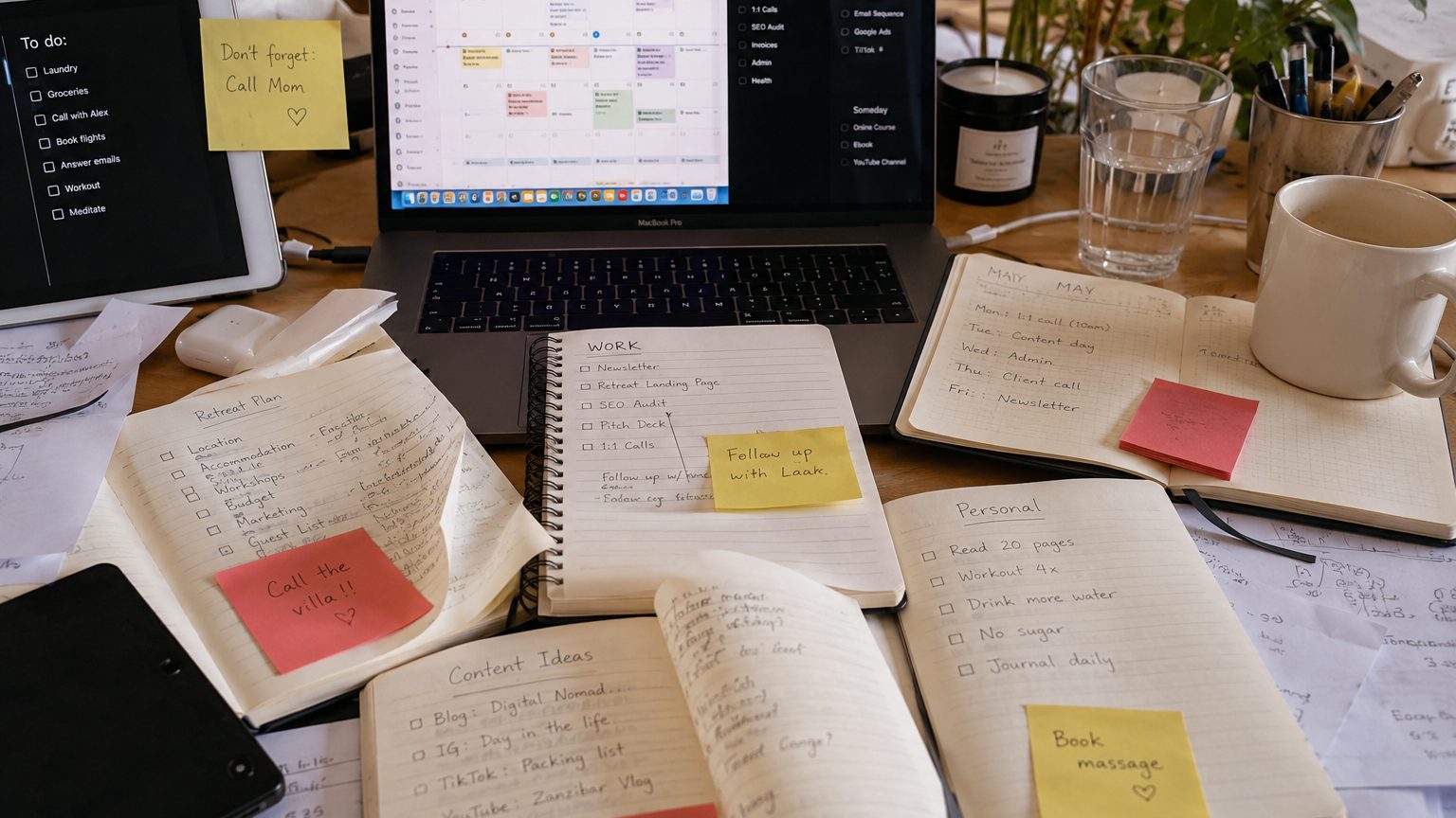 A cluttered desk with several notebooks, open apps, and to-do lists all partially filled in, visually representing the chaos of multiple open loops competing for attention