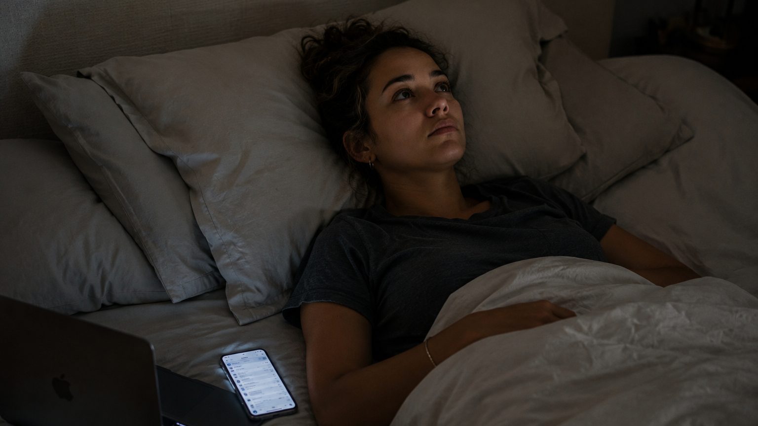 A founder or freelancer lying awake in bed at night, eyes open and staring at the ceiling, with a faint glow of a phone or laptop nearby suggesting work-related rumination