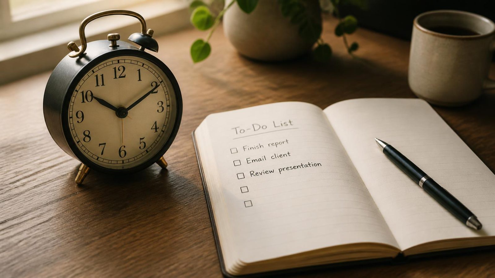 A close-up of a notebook open to a page divided into three labeled rows: "What is done," "What is not done," and "Next physical action," with handwritten entries in each row and a highlighter marking the third row. A half-empty coffee cup sits at the edge of the frame. The image conveys a structured mid-project audit, not vague brainstorming.