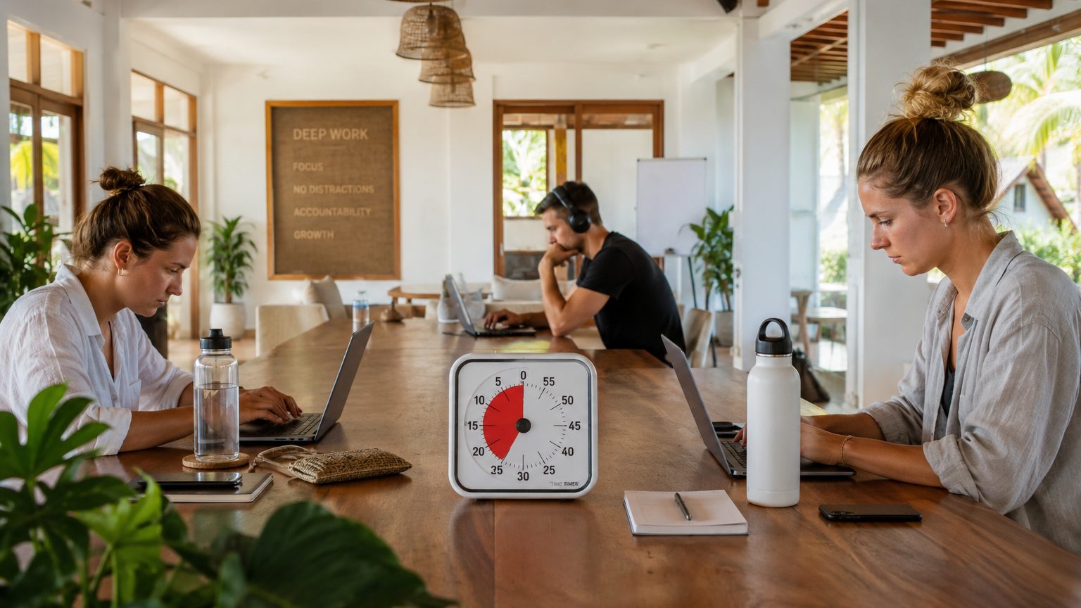 A wide shot of a bright coworking or retreat space where two or three people sit at separate laptops at the same long table, each visibly absorbed in their own screen. A physical countdown timer sits on the table between them, clearly visible. No one is chatting or looking around. The atmosphere is structured and communal, conveying that delay has a social cost when others are watching you work.