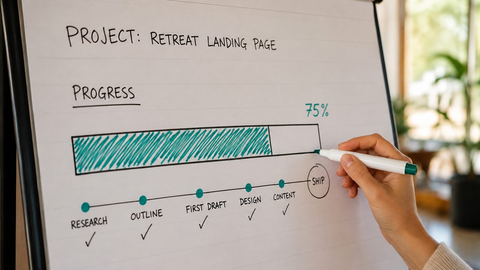 A side-angle view of a progress bar drawn by hand on a whiteboard or large notepad, showing a project roughly 75 percent filled in with a marker. A hand holds the marker, poised to extend the bar further. Sticky dots or small labels mark milestones already passed and one labeled "ship." The image is specific to finishing a project already in motion, not starting from zero.