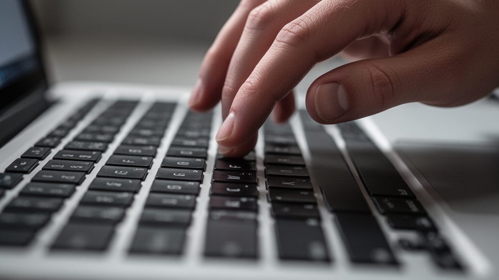 A close-up of a hand hovering over a keyboard, hesitating to press a key, symbolizing the paralysis of perfectionism and the fear of hitting "publish" or "send" on a project.