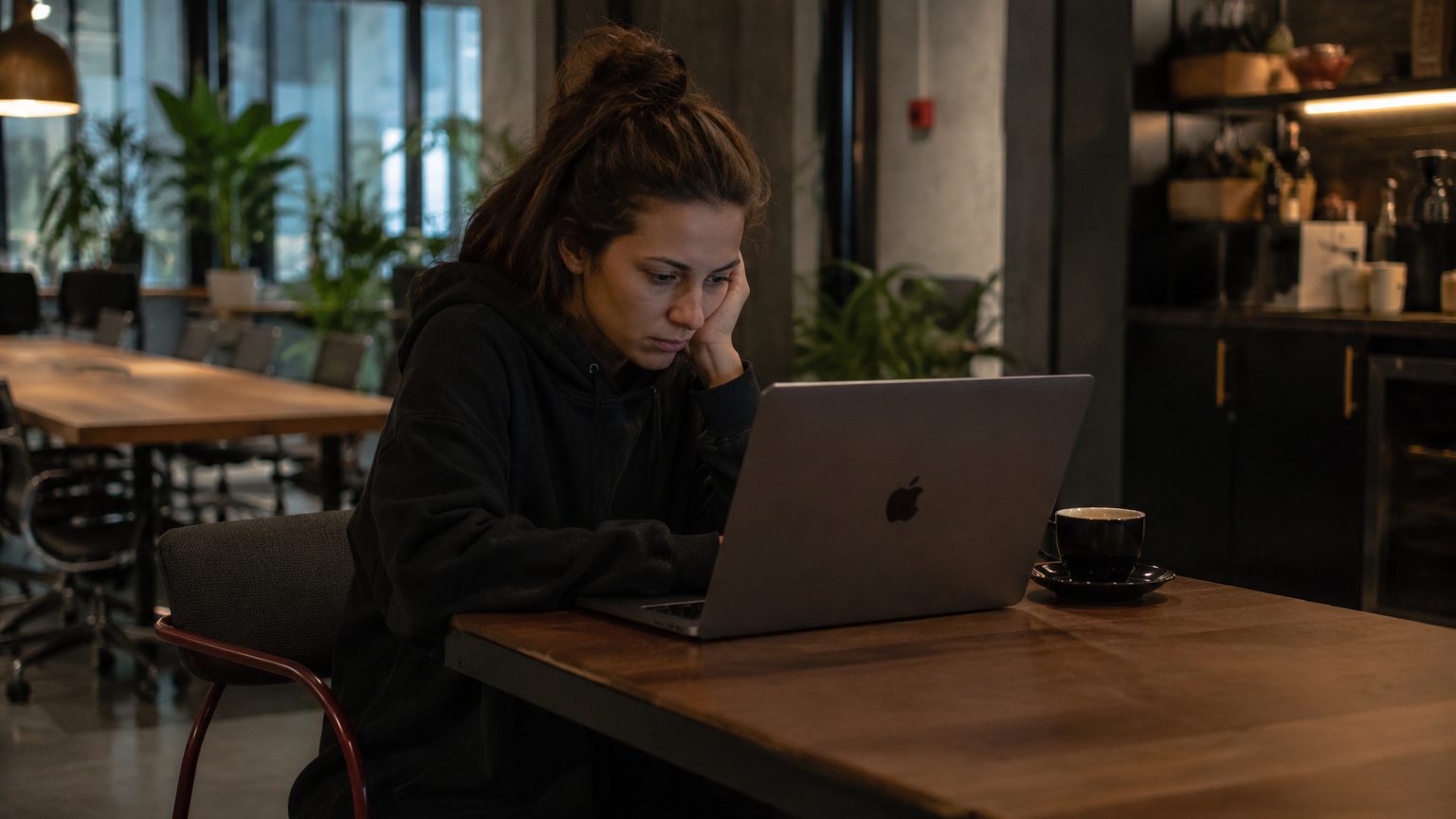 A remote worker sitting alone at a cafe or co-working space, staring at a screen with no one around them, conveying the isolation and lack of external accountability that makes the building trap especially dangerous for digital nomads.