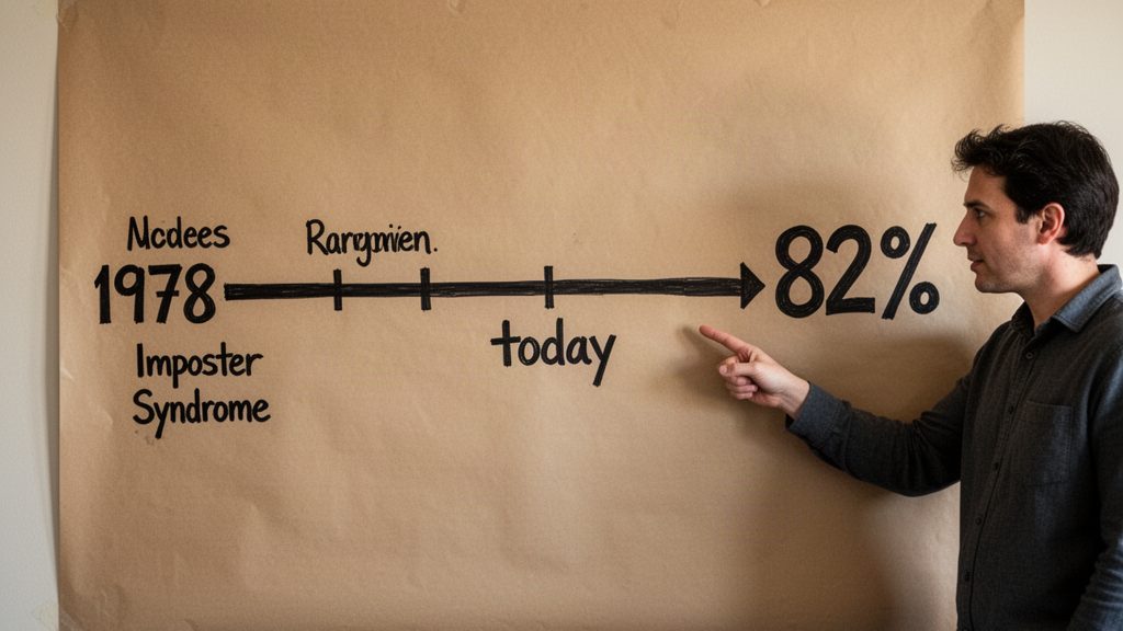 A timeline drawn in thick marker on a large wall-mounted sheet of paper, showing a horizontal line from "1978" to "today" with two names handwritten at the start point and a bold statistic ("82%") written near the end. A person stands beside it, one finger pointing to the statistic. The composition is documentary and specific, grounding the historical and research-backed origins of imposter syndrome discussed in this section.
