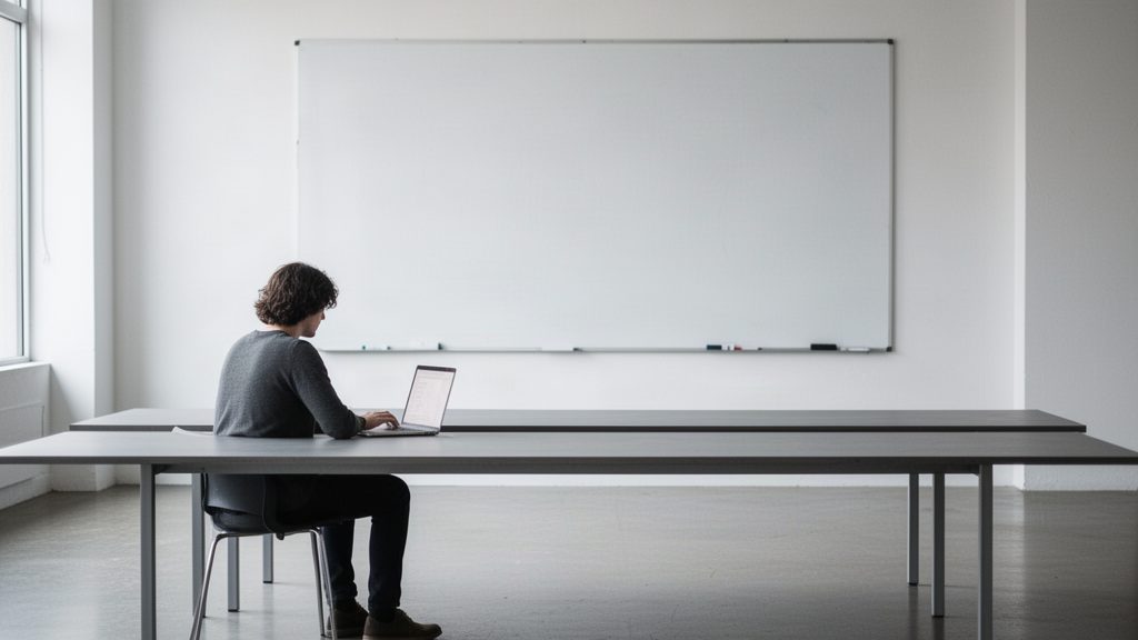 A wide shot of a lone person sitting at an otherwise empty long table in a bright open space, their laptop open, a blank whiteboard visible behind them with nothing written on it. The physical distance between the person and the whiteboard emphasizes the absence of external feedback or collaboration. No timer, no other people, no sticky notes. The emptiness is the point, representing the isolation-driven doubt specific to remote workers and freelancers described in this section.
