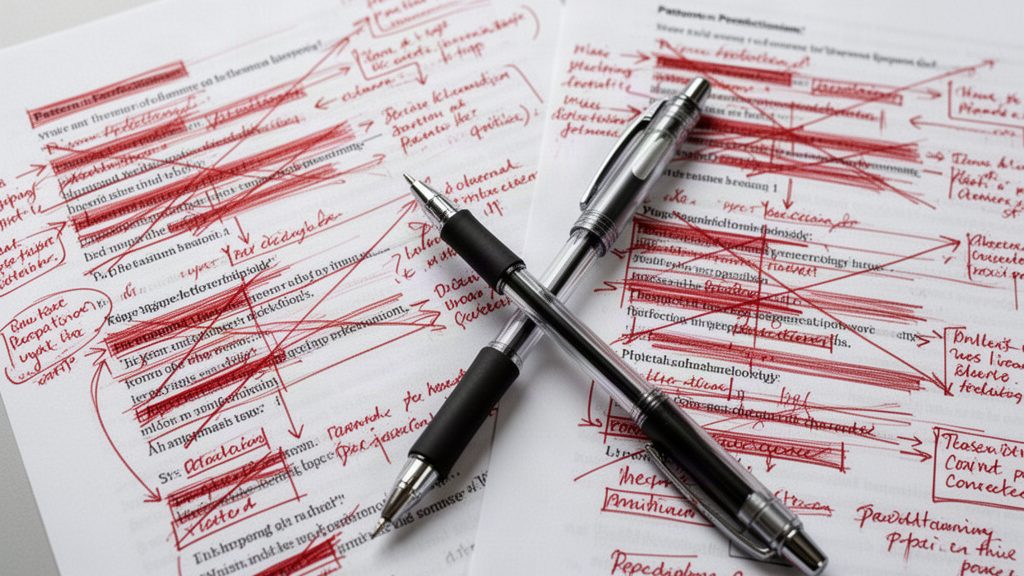 A close-up overhead shot of a single printed page covered in dense red pen edits, cross-outs, margin notes, and arrows, with a second nearly identical page beside it showing the same edits repeated. A pen rests diagonally across both pages. No laptop, no sticky notes, no coffee cup. The repetitive correction of something already corrected visualizes the perfectionism loop of endless refinement that prevents shipping, as described in the "Pattern 1: Perfectionism" section.