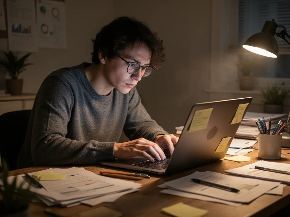 A person visibly disengaged at their desk, scrolling aimlessly or doing busywork on a laptop instead of focused work, capturing the "slow fade" of motivation described in the article