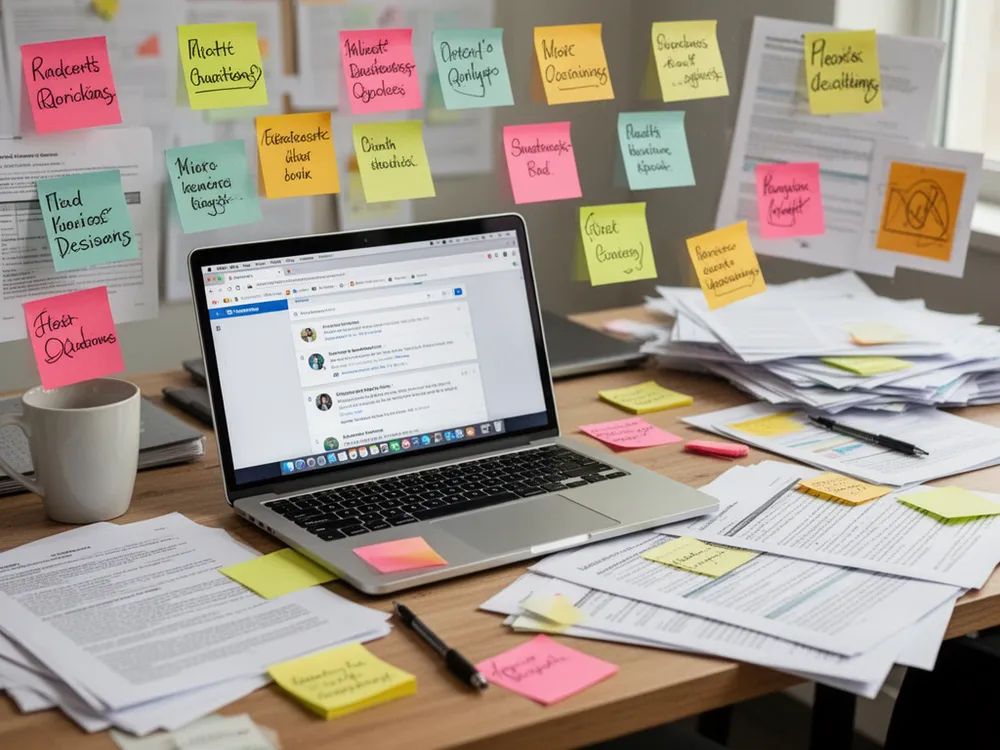 A cluttered desk covered with sticky notes, open browser tabs, and scattered documents, representing the mental overload of handling every business role alone and the daily flood of micro-decisions