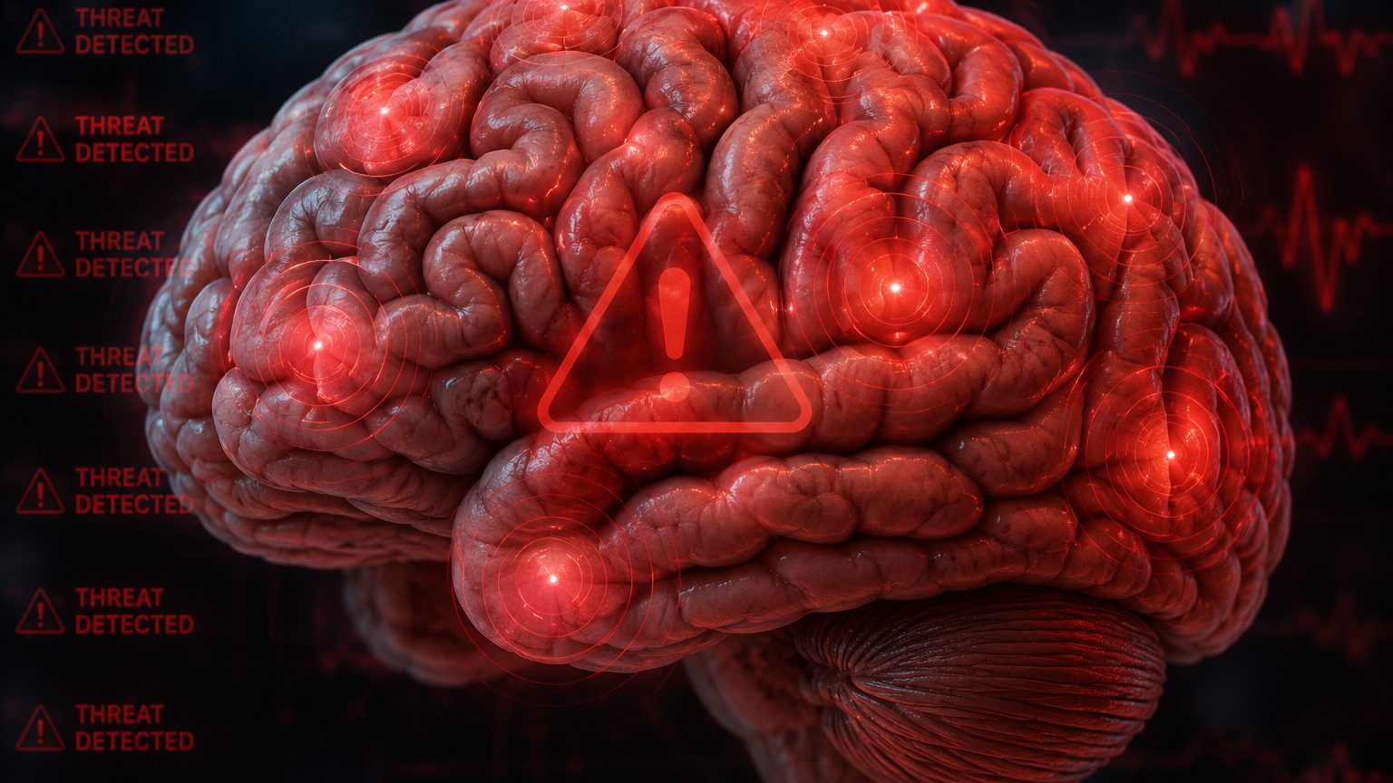 A close-up of a human brain illustration overlaid with alarm or warning signals, representing the biological threat response triggered when a creator gets close to finishing and shipping their work.